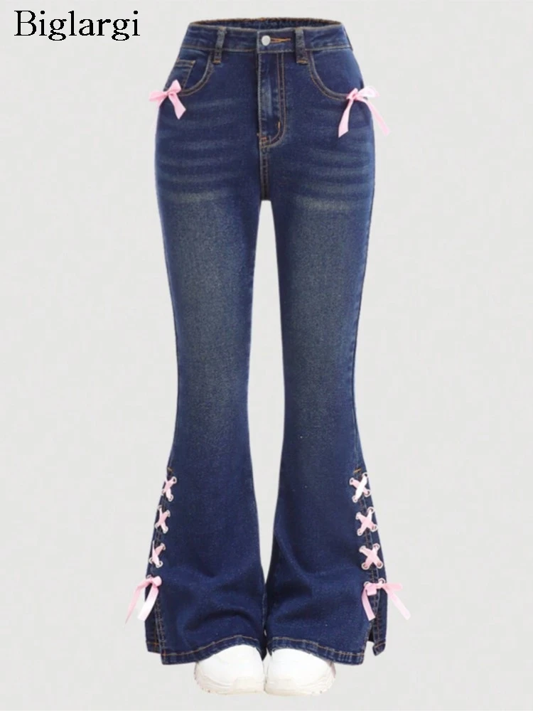 

Jeans Spring Summer Retro Flared Pant Women Bow Pink Fashion Slim Bodycon Ladies Trousers High Waist Woman Long Pants