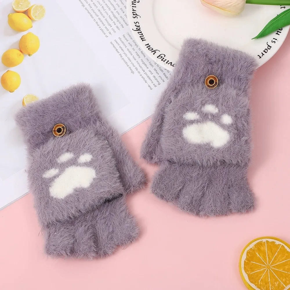 Cartoon Style Soft Cat Paw Gloves Thicken Flip Up and Down Half Finger Gloves Touch Screen Cozy Warm Mittens Students