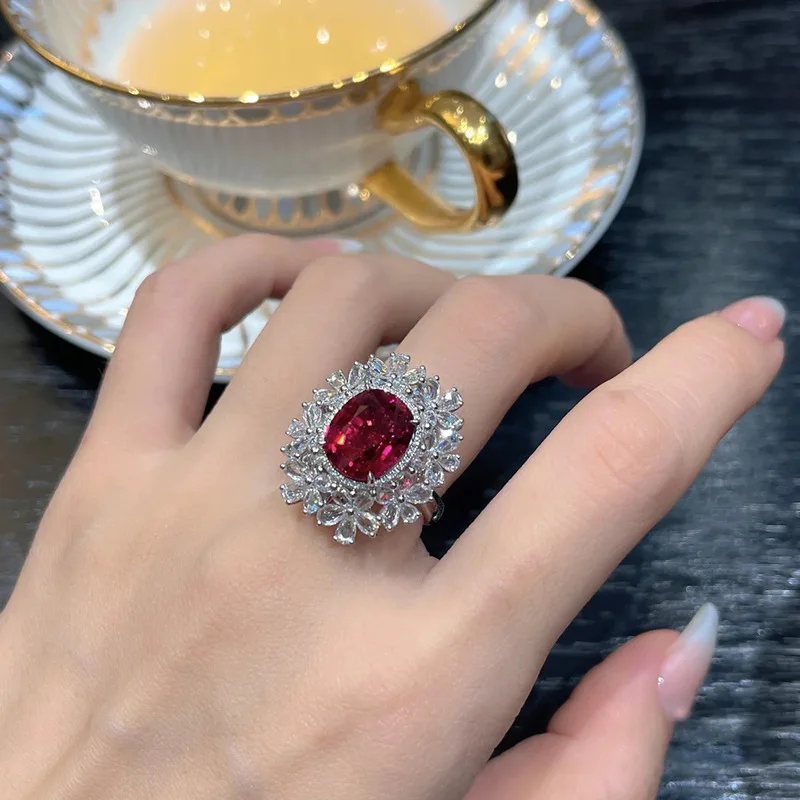 S925 Pure Silver Luxury High-End Color Gemstone Pigeon-Blood Red Ruby Open Ring - Elegant Party Jewelry
