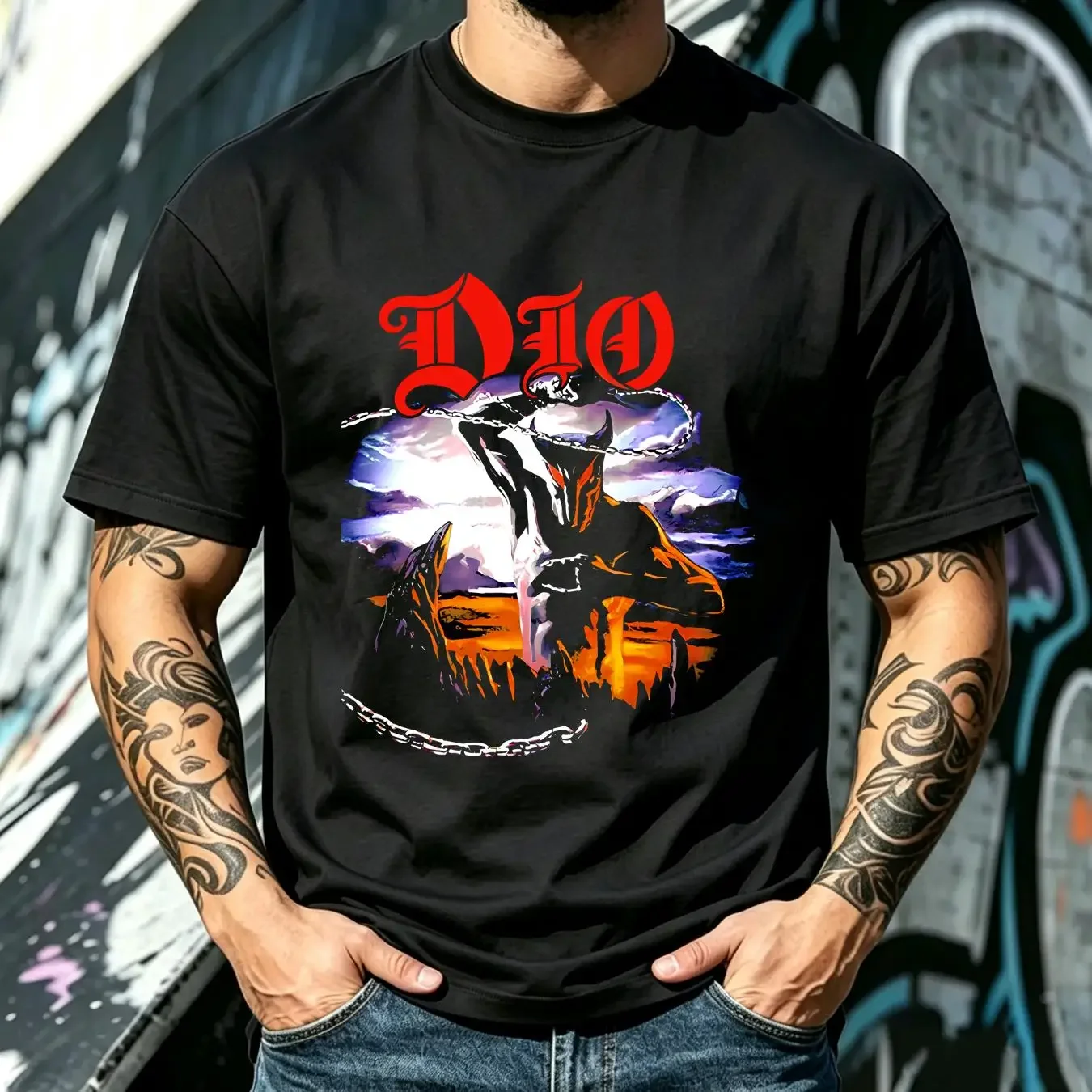 washed T Shirt Dio Devil Whipping Chain Men's Holy Diver Album Heavy Metal Rock Band vintage Washed fashion Stretched