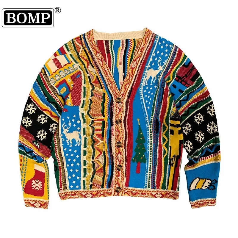 [BOMP] Autumn Vintage Hirata Jacquard Heavy Industries Cardigan V-neck Sweater Coat New Fashion