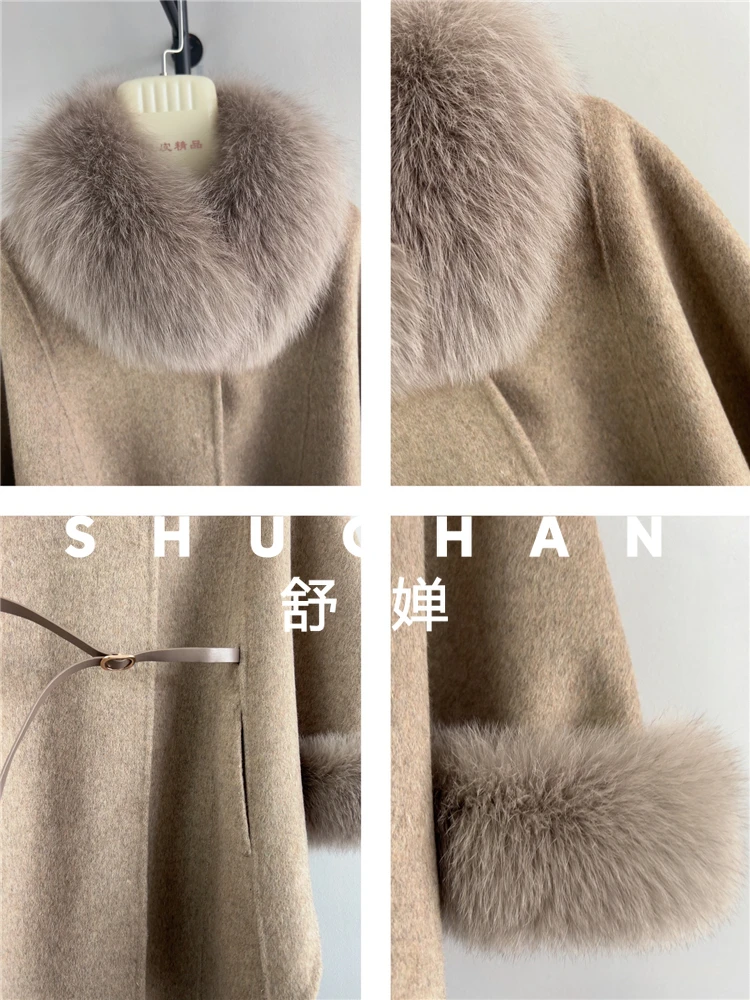 Cappotto in lana 70% da donna Nuovo caldo collo in pelliccia di lana double face Sciarpa rimovibile in pelliccia naturale di volpe