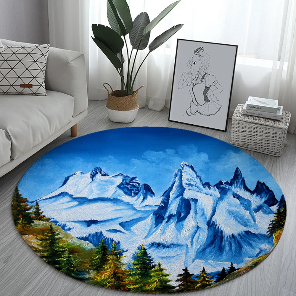 

Snow Mountain Illustration Round Rugs Sofa Rug Home Living Room Bedroom Bathroom Floor Mats Print Decorate Carpet