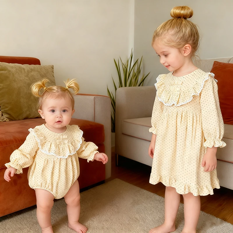 Frühling Schwestern Kleidung Mädchen Bogen Kleidung Baby Strampler Dot Baumwolle Infant Rüschen Spitze Body Prinzessin Mädchen Schwester Familie Kleid