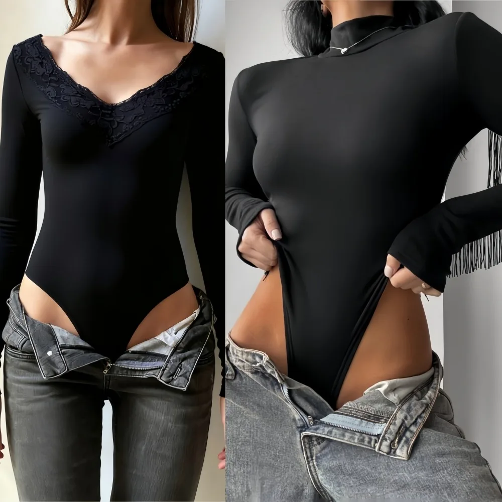 

FAGADOER Sexy Tassel Patchwork Bodycon Playsuits Women Solid Color High Neck Long Sleeves Rompers Fashion Streetwear Overalls