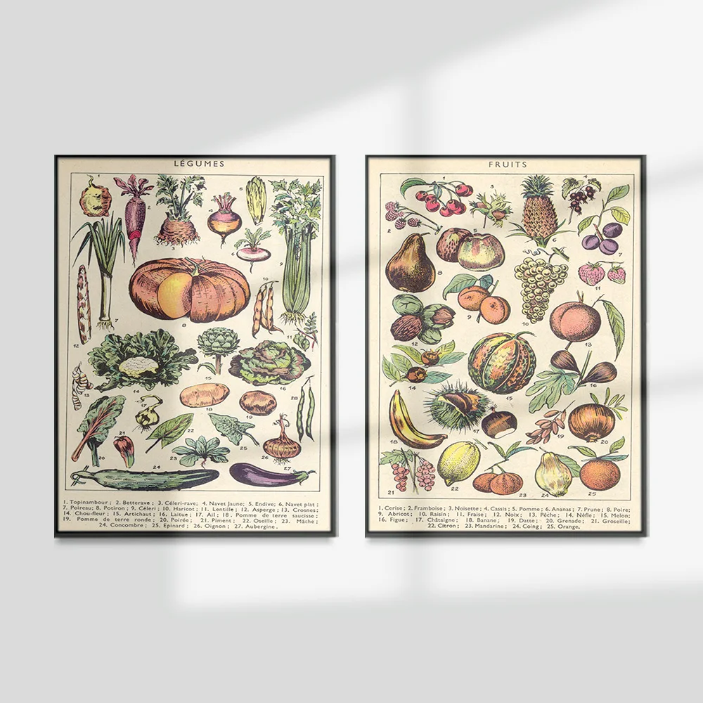 Fruit Vegetable Vintage Print Art Poster Retro Hand Drawing Illustration Canvas Painting Kitchen Canteen Wall Stickers Decor