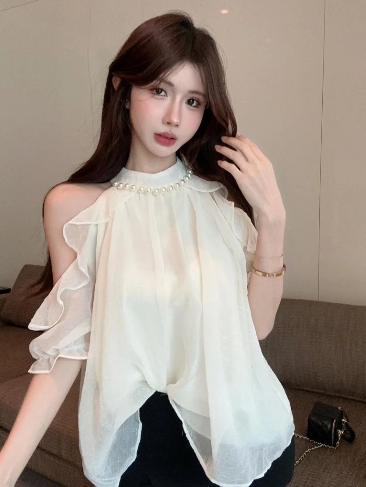 Summer Blouses Korean Fashion Style Shulderless Chiffon Solid Color Pullover off Shoulder Sweet Elegant Femme Tops