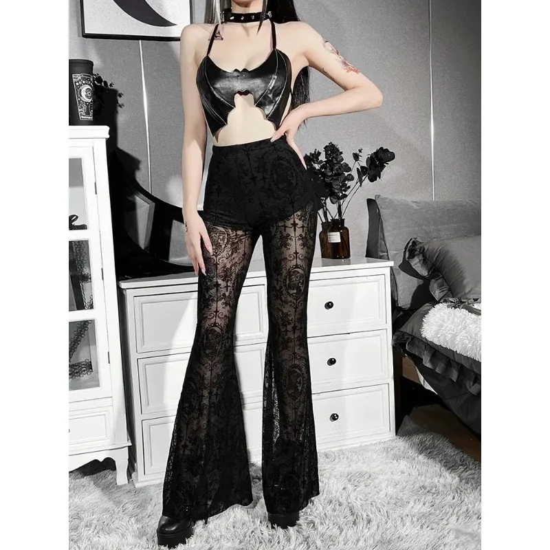 Y2K – pantalon en maille transparente pour femmes, gothique foncé, taille haute, évasé en dentelle, Vintage, Streetwear, fée Grunge, pantalon de course Femme
