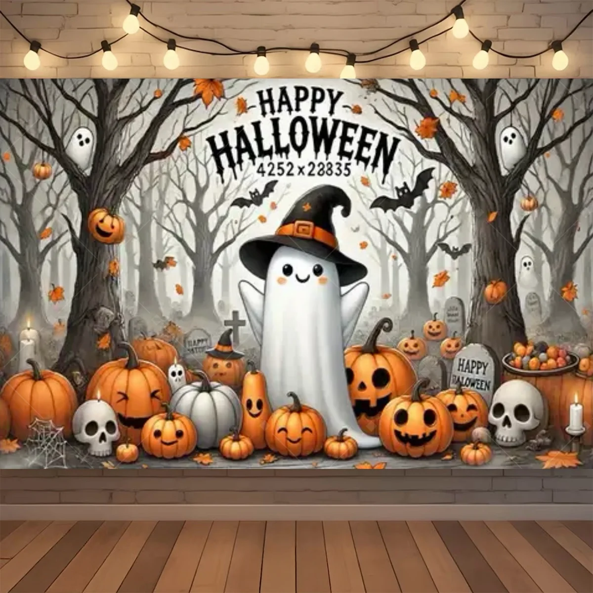 Fröhlicher Halloween-Hintergrund mit Neon-Kürbis, Fledermaus, Totenkopf und Friedhof, Fotografie-Hintergrund, Halloween-Party Fotokulisse, Dekorationsbanner, Geschenk – Detail 7