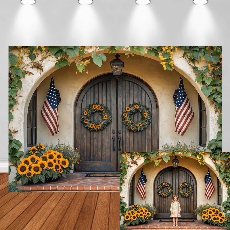 

LS Independence Day Photography Background Wooden Door Wreath Flag Sunflower Decor Adult Kids Portrait Photo Backdrop Studio