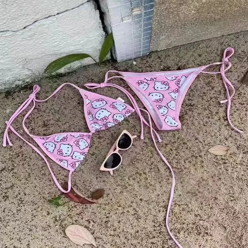 2-częściowy zestaw Bikini Sanrio HelloKitty lato plaża słodkie kreskówki moja melodia miękkie wiozane na boku majtki seksowne Bikini strój kąpielowy