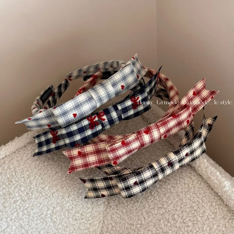 Korean retro love plaid bow headband headband high cranial top temperament versatile hairpin headgear new model