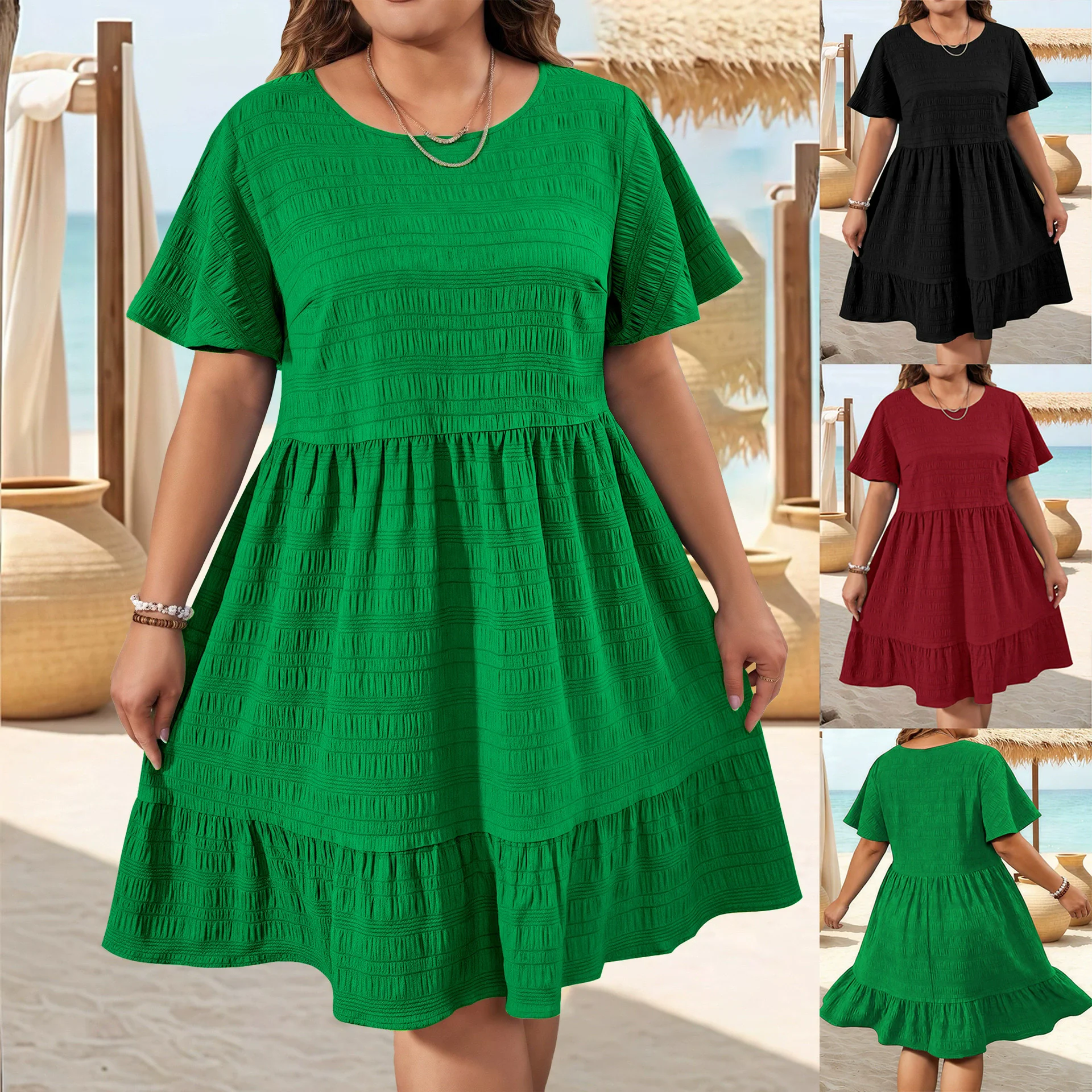 

Oversized Summer Dresses For Women 2026 Plus Size Clothing Elegant Fashion Round Neck Patchwork Loose Casual Short Sleeve Dress