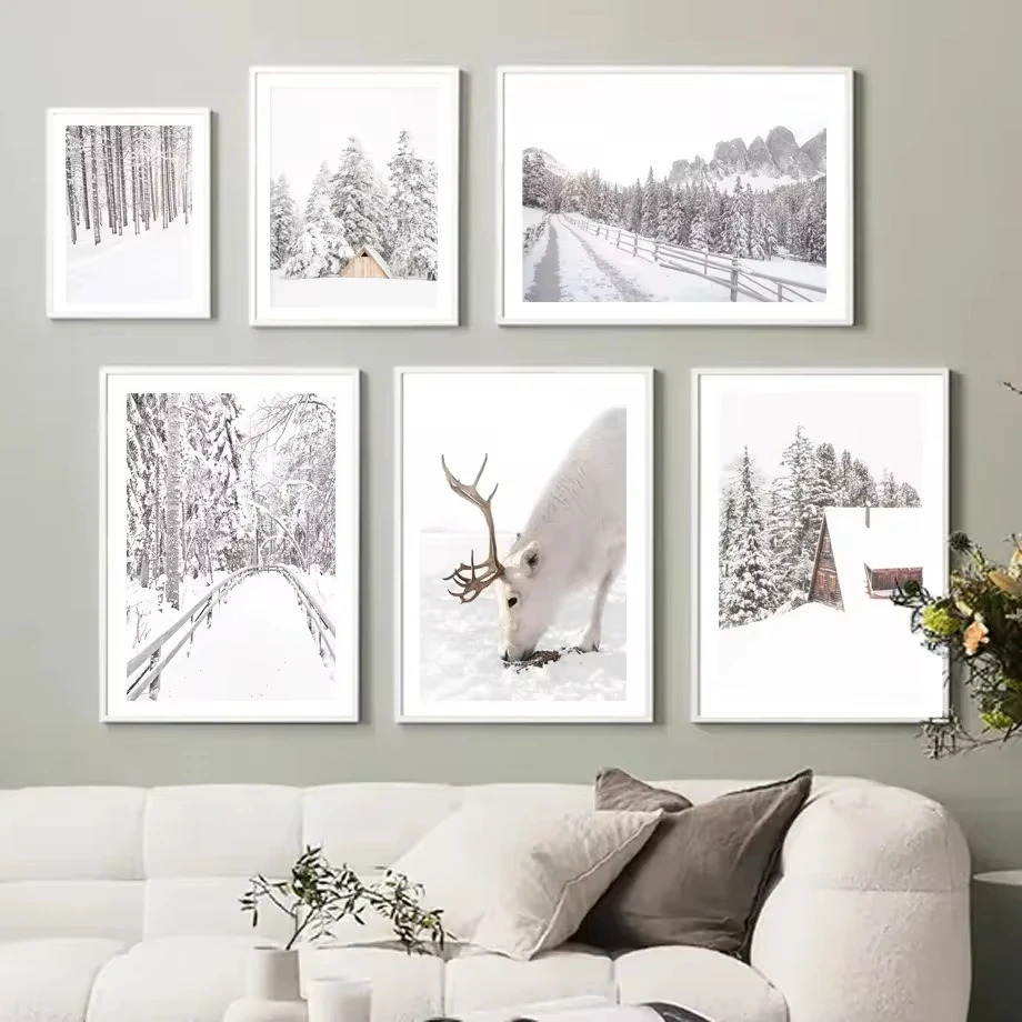 Winter Forest Elk Snow White SceneWall Art Canvas Painting Nordic Posters and Prints Luxury Living Room Home Decoration Pictures