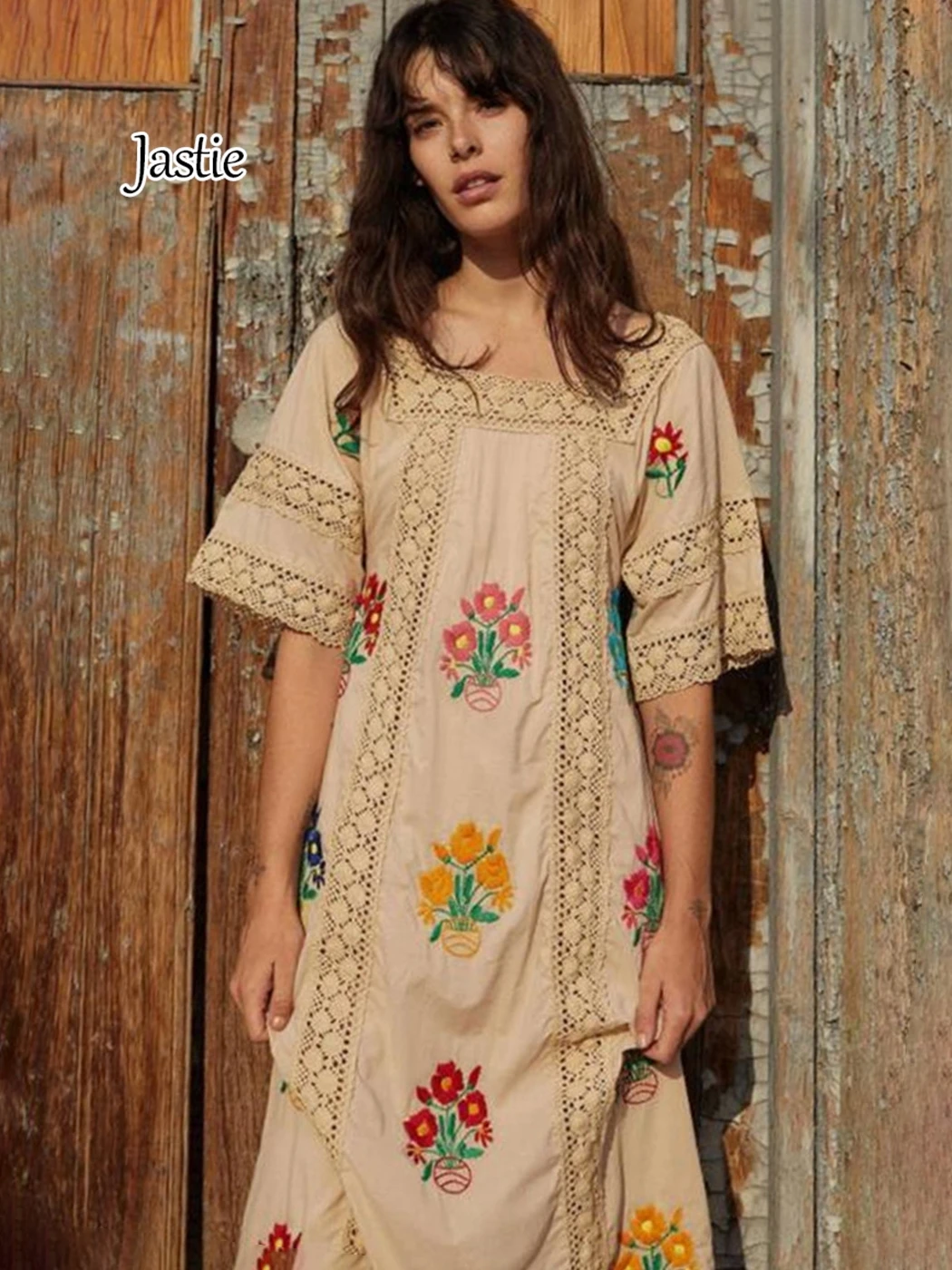 Jastie Boho Floral Embroidery Long Dress Women Hook  Flower Hollow Square Collar Loose Vestidos Retro Cotton Holiday Dresses