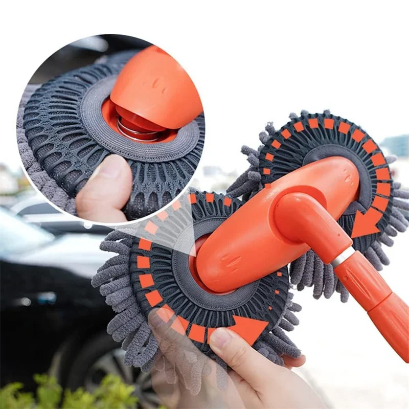 Roterende Auto Wash Dweil Borstel Auto Levert Driedelige Dubbele Kop Telescopische Mop Dakreinigingsaccessoires Voor Onderhoud