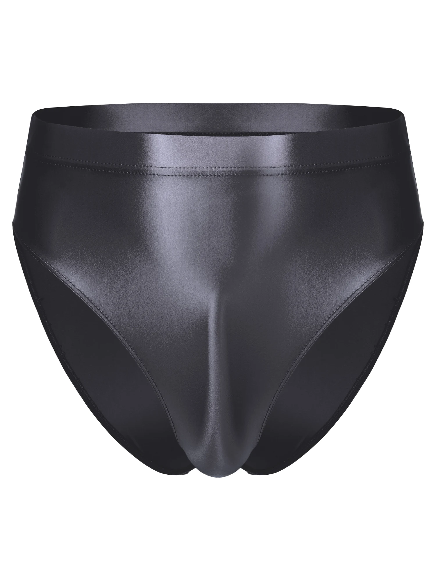 Mens Glossy High Waist Panties Briefs Solid Color Bulge Pouch Underpants Underwear Oil Shiny Bikini Bottom Swimsuit  Swimwear