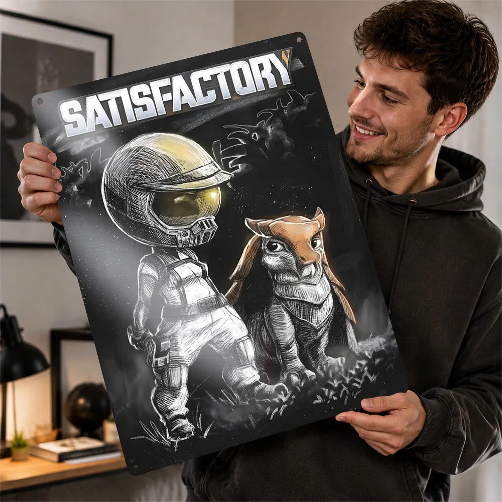 Satisfactory Pioneer And Lizard Doggo Aluminum Poster Customized Metal Tin Sign Cosmic Mission Style Wall Art Media Room Decor