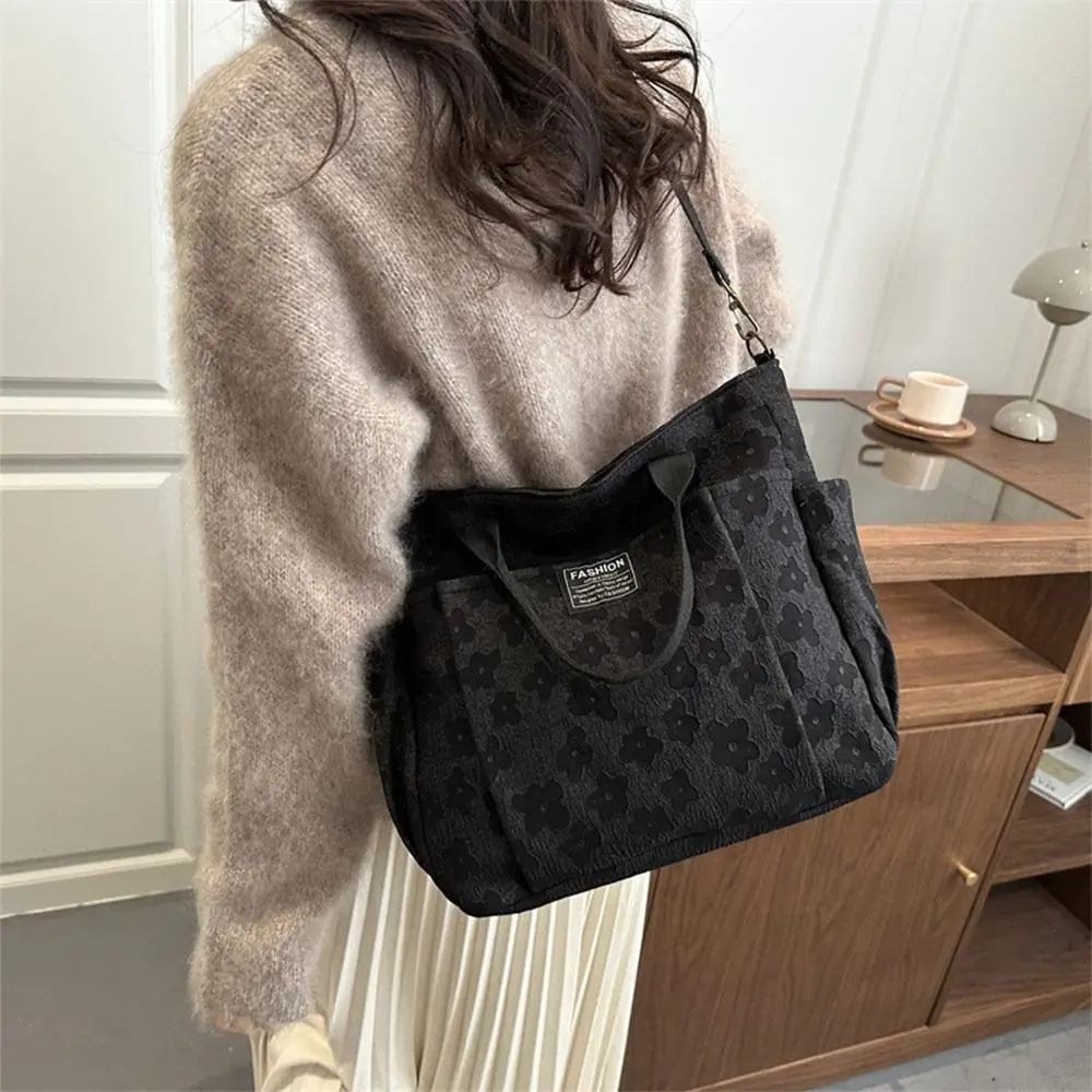 

Casual Floral Prints Shoulder Bag Large Capacity Canvas Crossbody Bag with Detachable Strap Multi-Pocket Tote Bag
