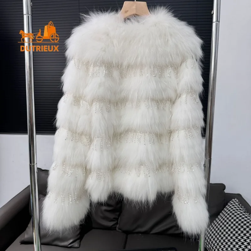 2025 New Temperamental Top-grade Genuine Leather Raccoon Fur Coat for Women, Warm 00% Raccoon Fur Coat for Vacation and Office