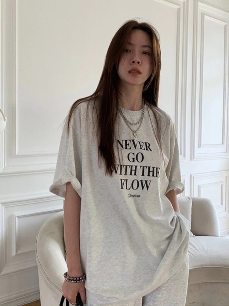 T-shirt rétro américain pour femme, été 2024, ample, long, imprimé, tendance, en coton, col rond, motif textuel