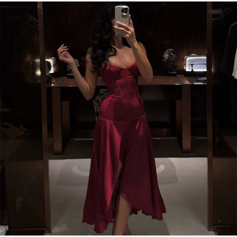 Elegant Sleeveless High Split Women Midi Dresses Vintage Wine Red Spaghetti Strap Dress 2026 Summer Lady Evening Party Vestidos
