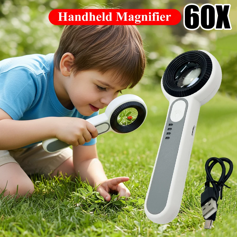 

60-кратная лупа с подсветкой, 2 режима освещения, легкая светящаяся лупа, износостойкая книжная лупа для освещения для пожилых людей