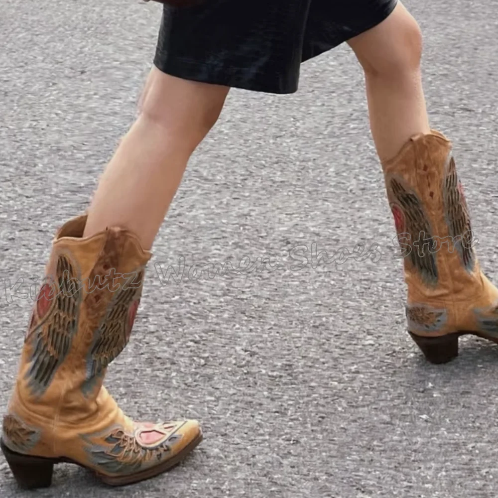 

Embroidered Cowboy Western Boots Knee High Vintage Rider Pointed Toe Chunky Heel Slip-On Leather Fashion Sexy Novelty Shoes New