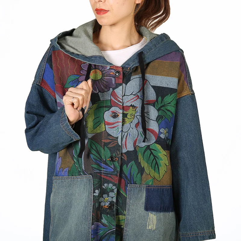 Denim Hooded Windbreaker Women Spring Autumn Printed Cowboy Long Trench Casual Korean Arts Style Outerwear Loose Denim Cardigan