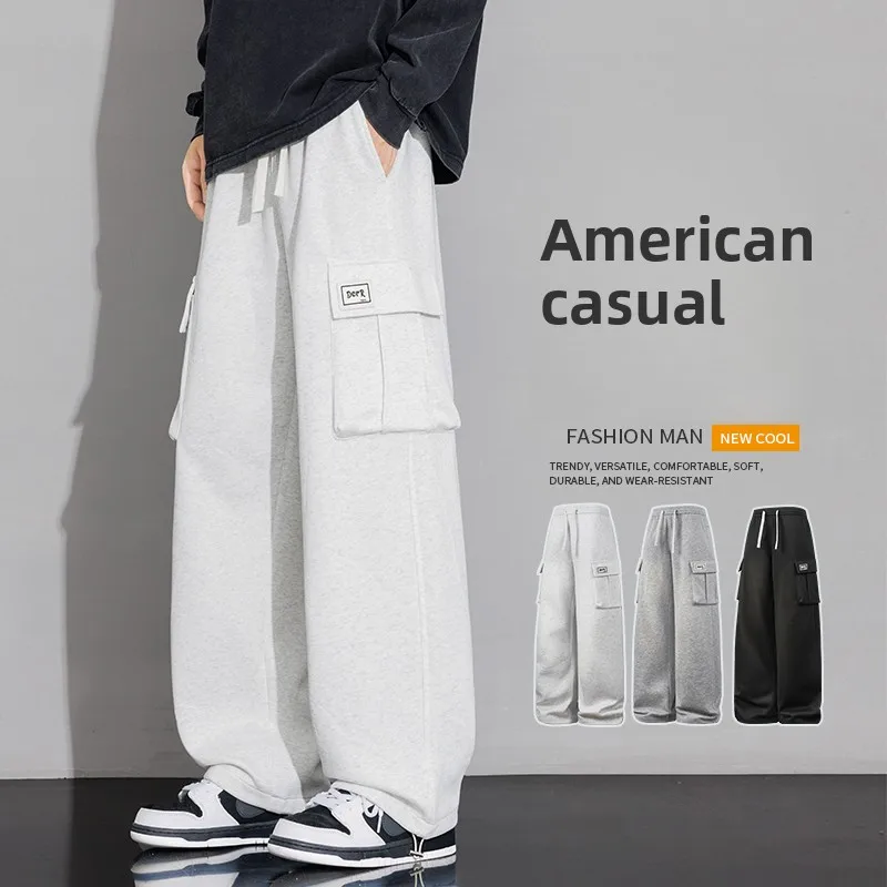 

New Men's Black Cargo Sweatpants Multi-Pocket Drawstring Cotton Casual Loose Straight Trousers Joggers for Men and Teens