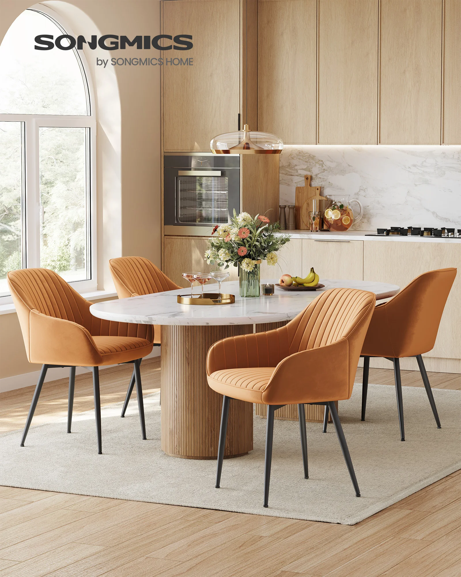 SONGMICS Set van 6 eetkamerstoelen, fauteuil, gestoffeerde stoel met armleuningen, metalen poten, fluwelen hoes, zitbreedte 49 cm, Max. 120kg - afbeelding 1