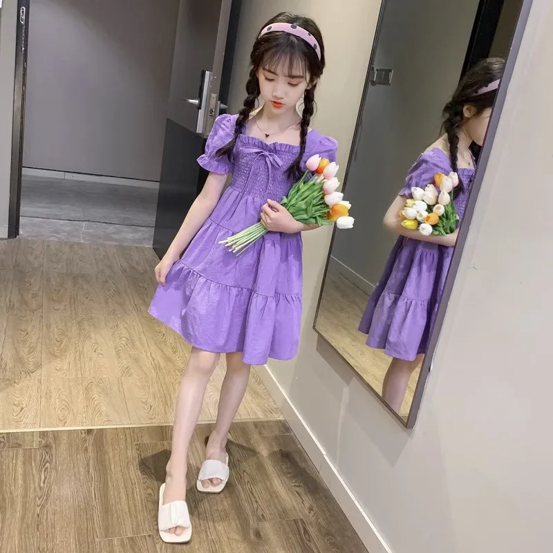 Summer New Girls Petal sleeve A-LINE wrinkle bow layered boat neck princess Dress Teens Clothes Toddler for 3-13Years Old Girls