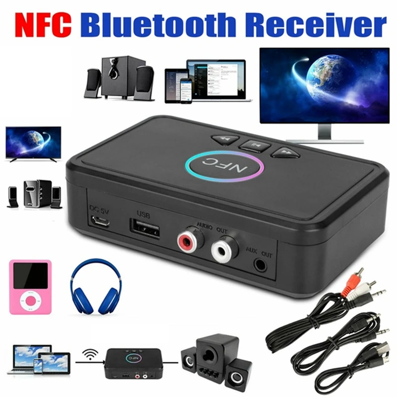 블루투스 어댑터 NFC 무선 오디오 리시버 송신기, 스피커 헤드셋용, 3.5mm 잭 AUX 2 RCA 스테레오 사운드, BT5.0