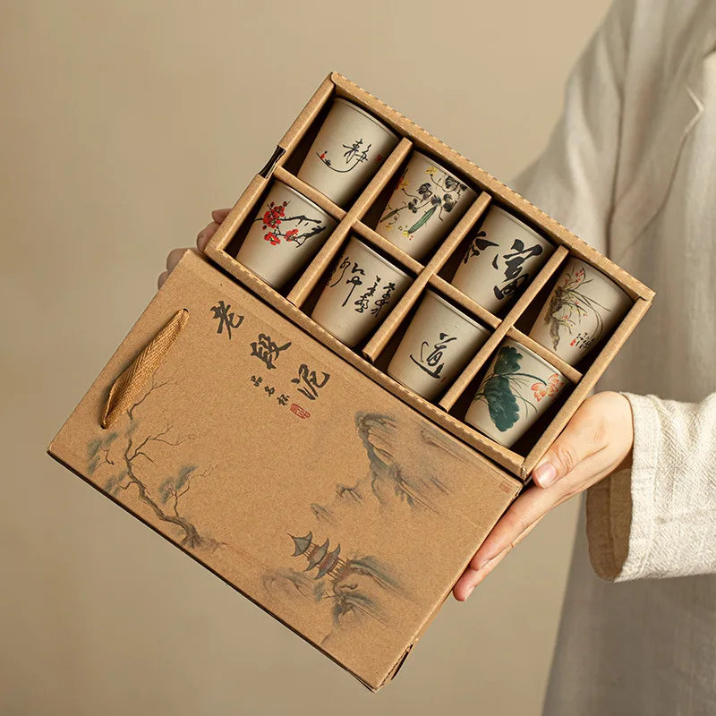 Eight Cups Holding Four Seasons | Hand-Painted Old Duan Ni Tea Cups, 8-Piece Kung Fu Tea Set Gift Box, Elegant Tea Gift
