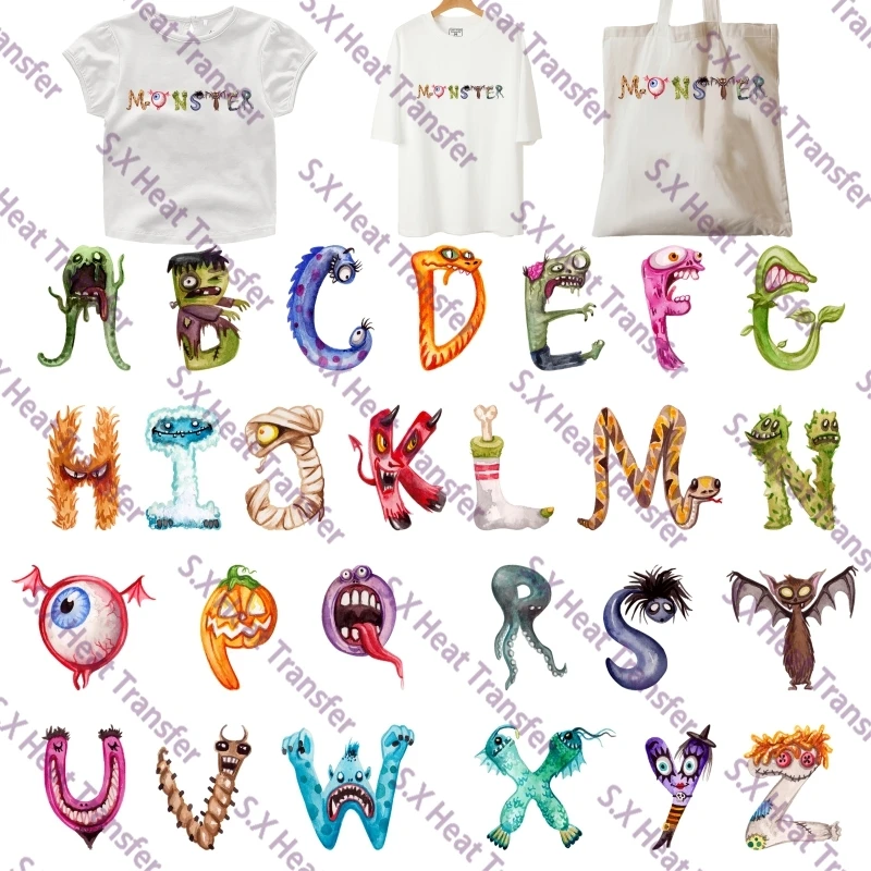 5cm Cartoon Monster English Letters A-Z Cute Heat Transfer Sticker Name Word Ironing Hot Pressed Decal DIY Backpacks Clothes