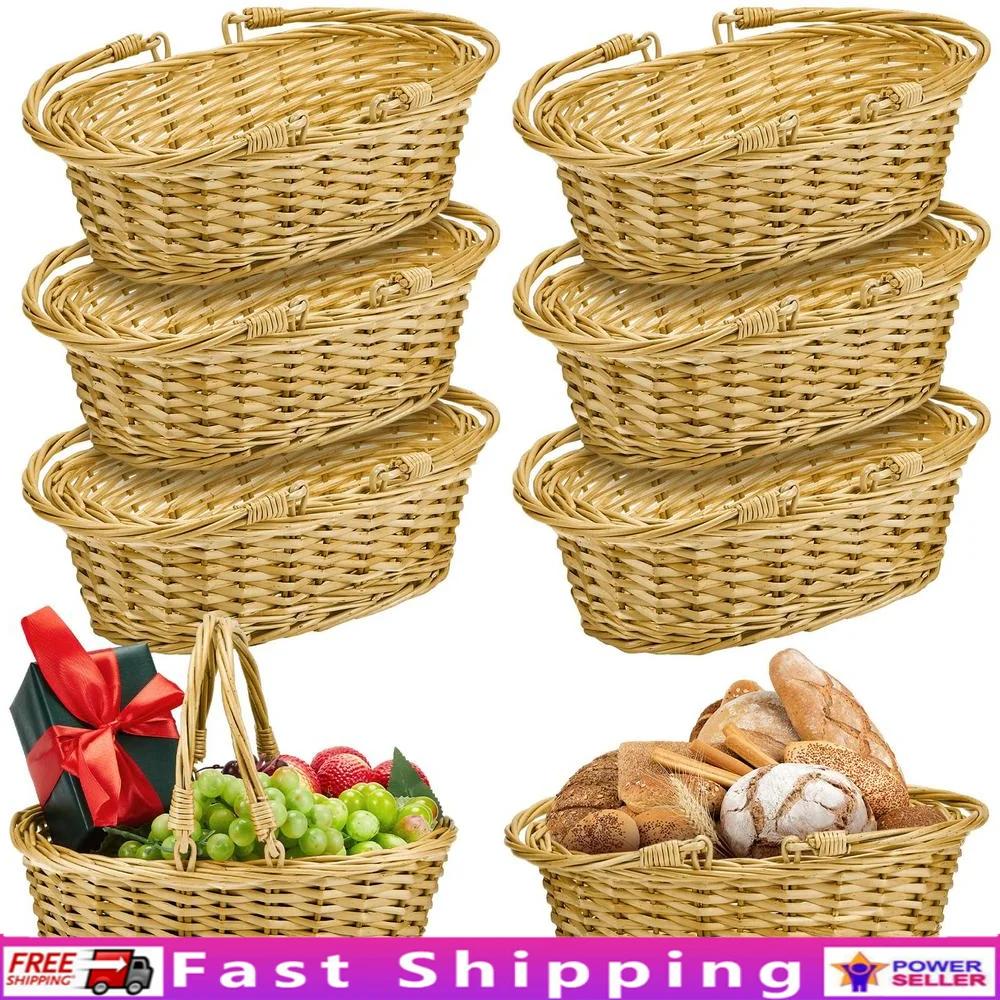 Set of 6 Oval Wicker Picnic Baskets with Handles Harvest Gifts and Storage Natural Material Foldable Handles Ideal Size Fruits