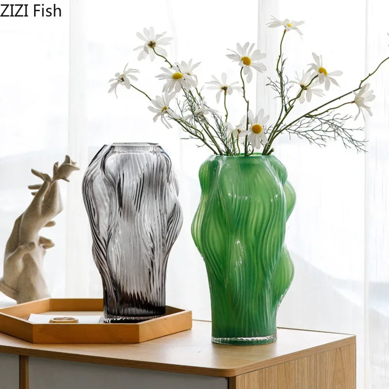 

Creative Shaped Ripple Glass Vase Hydroponics Flowers Pots Desk Decoration Artificial Flower Floral Vases Room Aesthetic Decor