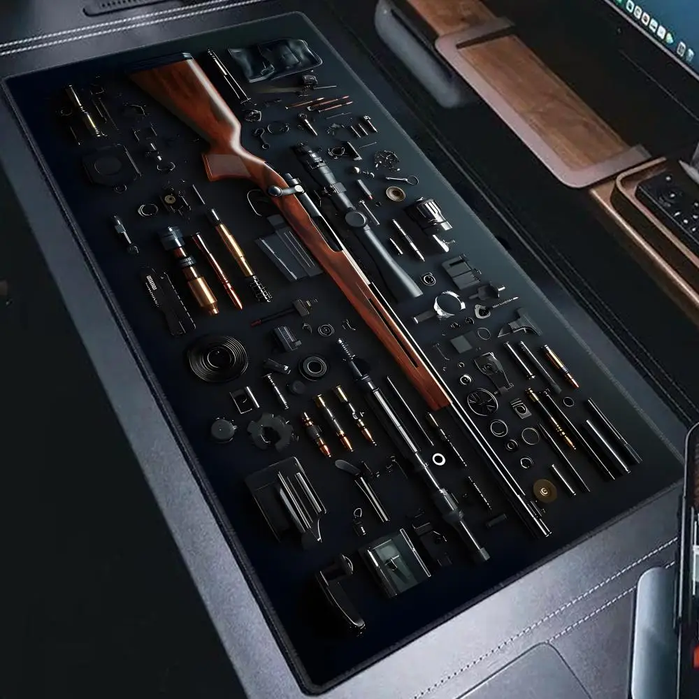 XXL 3D Gun Desk Mat Extended Gaming Mouse Pad Stitched Edge Anti-Slip Rubber Base Washable Large Keyboard Mat for Office Carpet