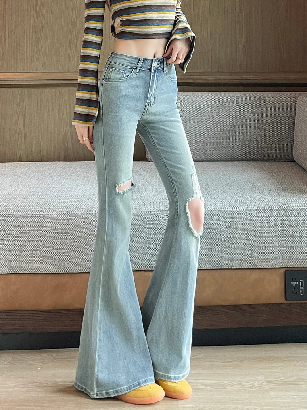 High Waist Bell Bottom Denim Jeans Women's Stretchy Faded Long Floor Length Pants Casual Style Zipper Closure Cotton Blend