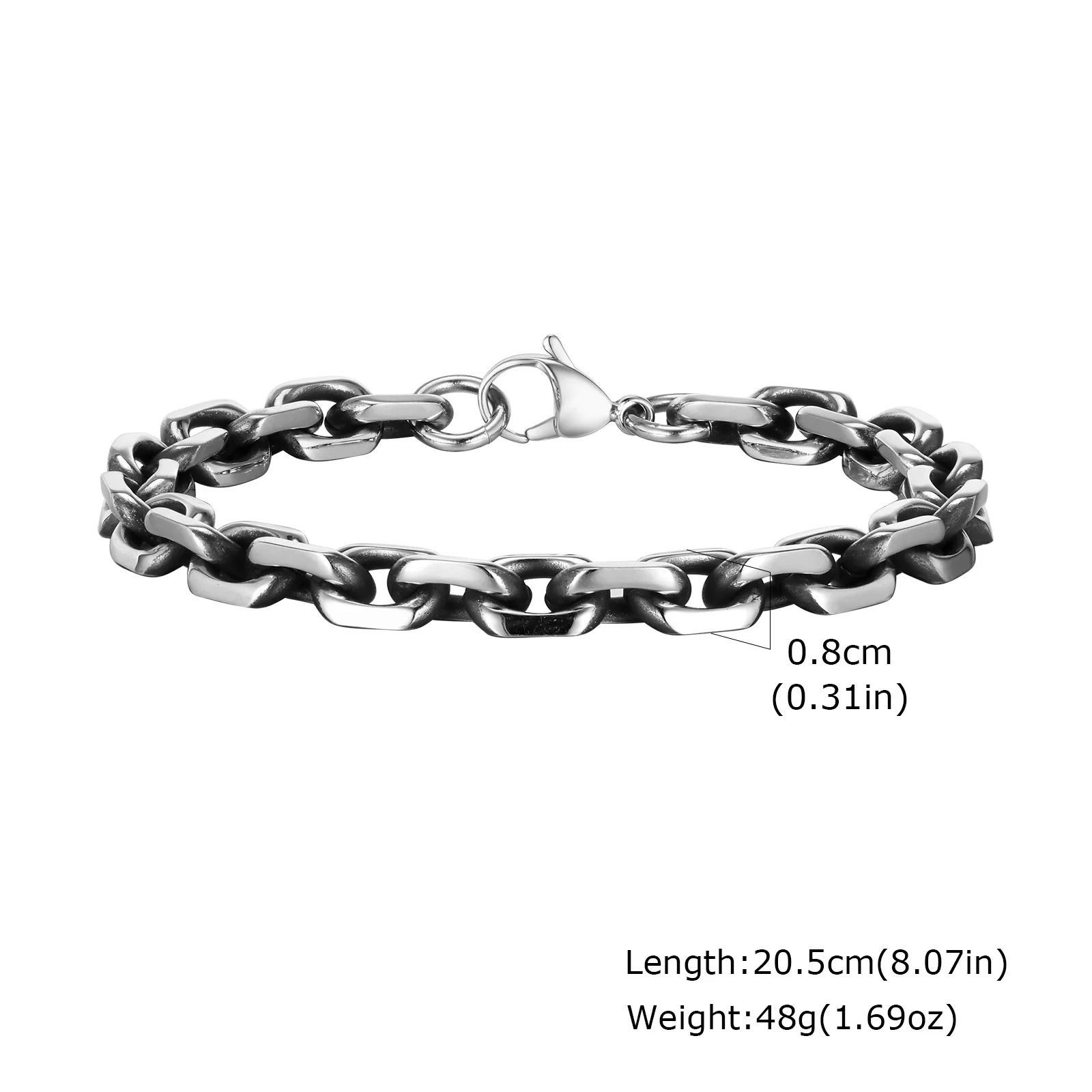 Vnox 8mm Rolo Cable Chain Link Bracelet for Men Women,Antique Vintage Stainless Steel Links Chain Wristband,Simple Metal Jewelry