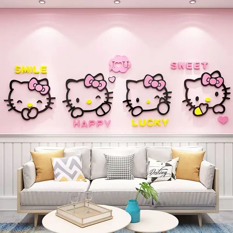 Anime Hello Kitty Naklejka Ścienna 3D Stereo DIY Kawaii Sanrio Dekoracja Pokoju Dziecięcego Śliczny Plakat Naklejki na Ścianę Tło Prezent dla Dzieci