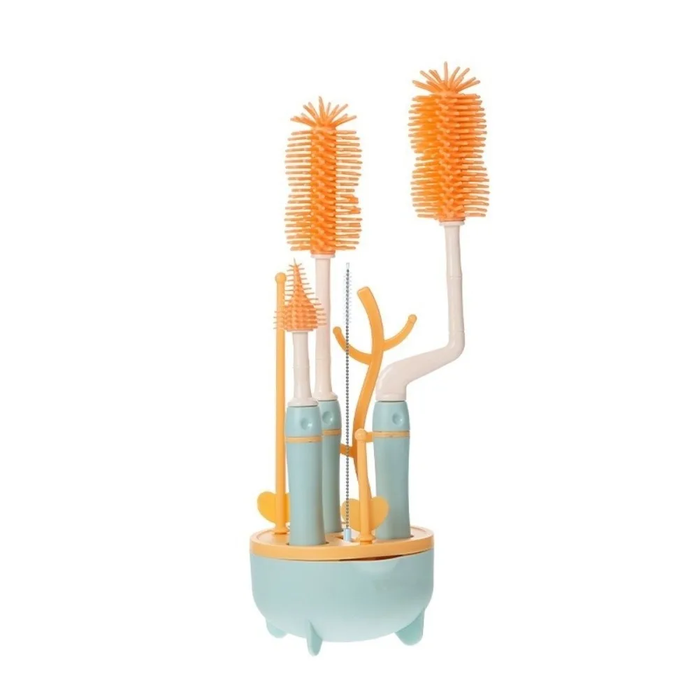 Soft Head Baby Bottle Cleaner Set 360 Degree Rotation Nipple Dropper Bottle Cleaning Brush Handheld Drying Rack