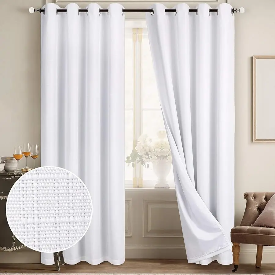 

100% Blackout White Curtains Linen Curtains for Bedroom Grommet Thermal Insulated Room Darkening Drapes (2 Panels, W52 x L84 Inc