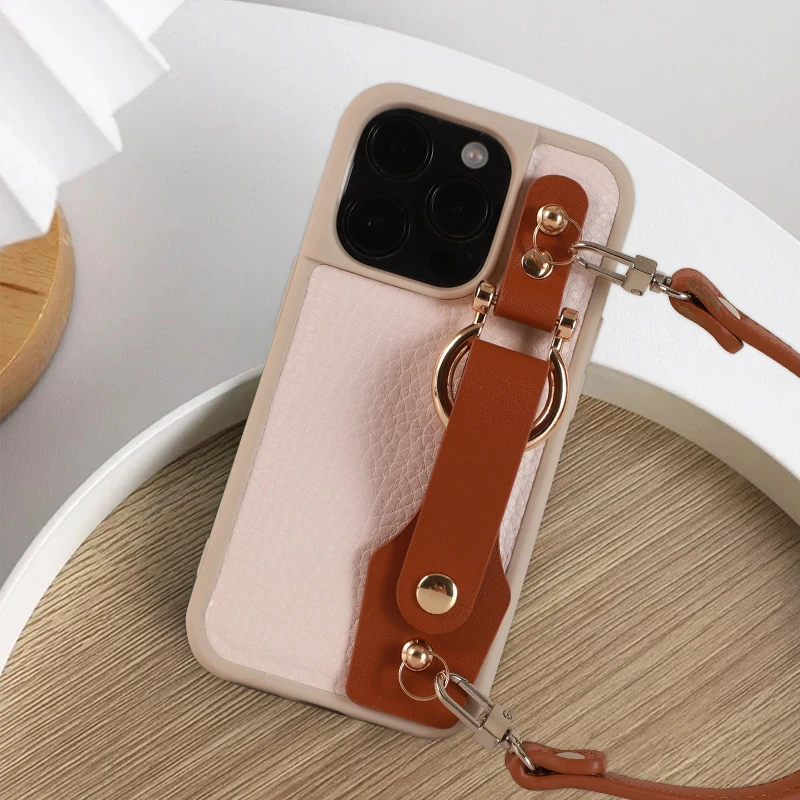 Stylish iPhone Case with Wrist Band Chain Luxury Leather Protector for iphone 13 14 15 Pro Max Shockproof Back Phone