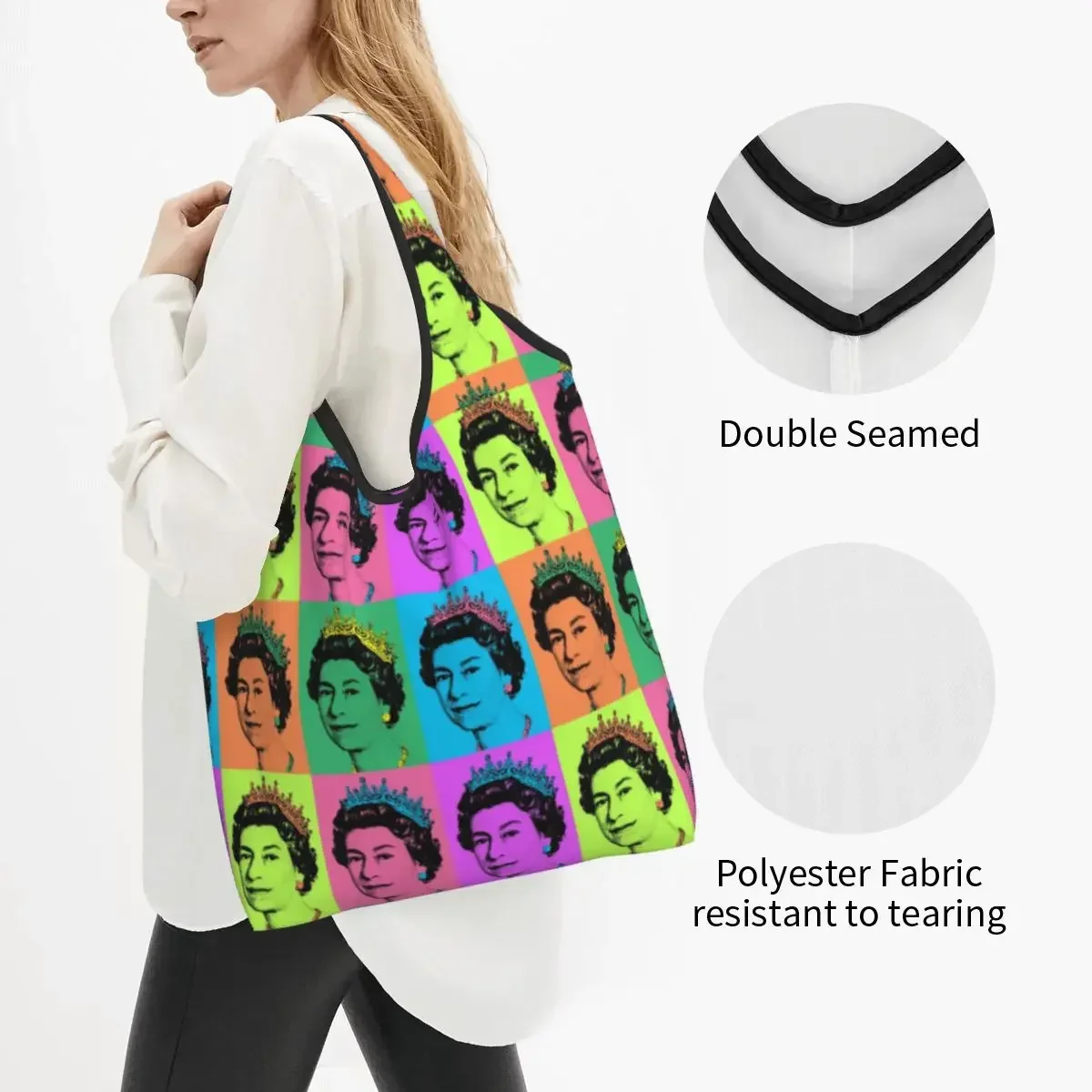 Reciclagem Queen Elizabeth II Inglaterra Pop Art Saco de Compras para Mulheres, Sacola Portátil, Mercearia Real Reino Unido, Shopper Bags