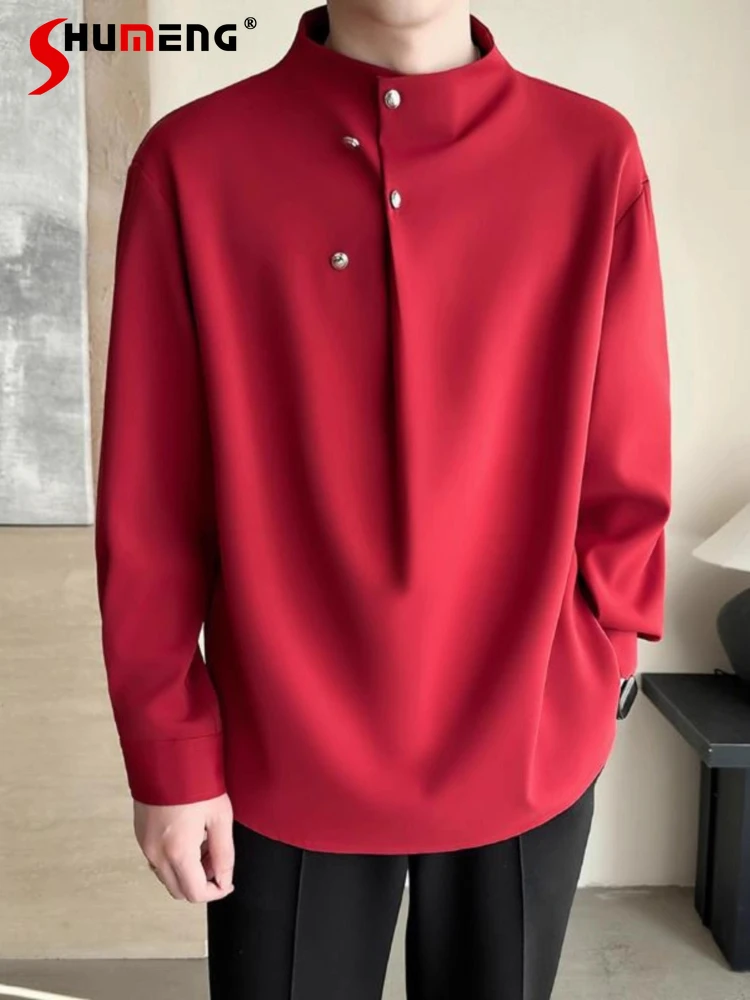 

Fashion Stand Collar Pullover Long Sleeve Shirts Men 2025 Spring Autumn New Trendy Tops Chic Handsome Solid Color Shirt Jackets