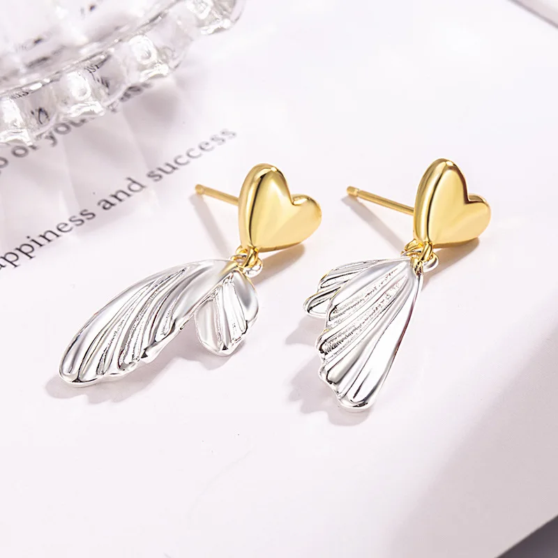 Color Blocking Heart-shaped Fish Tail Wings Earrings Fashion Versatile 925 Silver Earring Summer Light Luxury Earrings KOFSAC