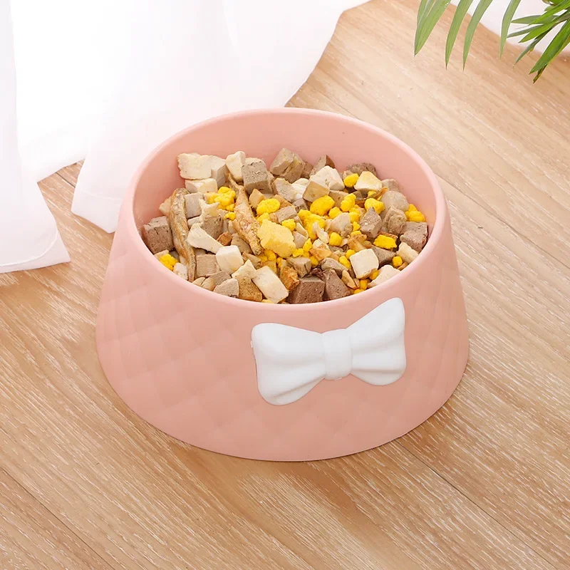 Cat Bowl Macaron Pet Food Bowl Deepening Leak proof INS Wind Bow Diamond Pattern Cat Pet Bowl