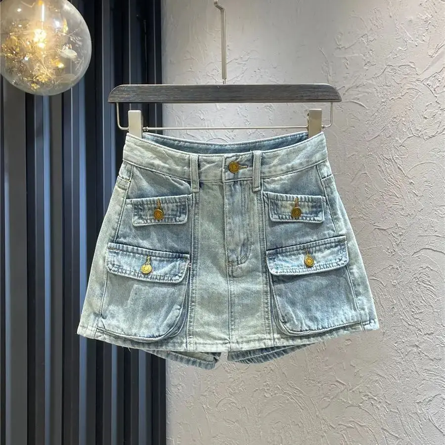 Jupe courte en denim avec poche zippée pour femme, lavage, VPN, style de rue, sac, hanche, tendance, été, nouveau, 2024