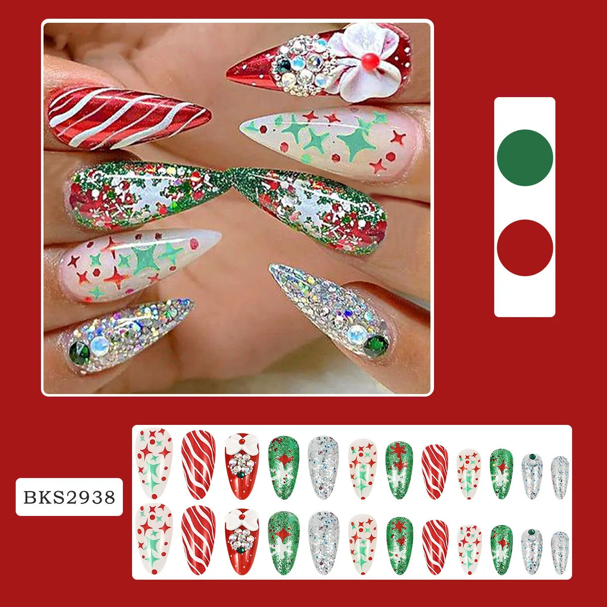 24szt Flash Christmas Almond Fake Nails Shiny Sequins Diamond Bowknots Y2k Star Press On Nails Glitter Red Green Long Manicure